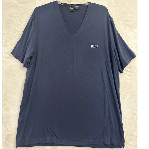 Hugo Boss Navy V-Neck Tee Shirt Large Mens Basic - Picture 1 of 7